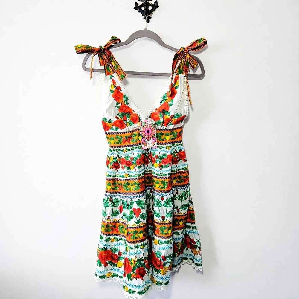 Farm Rio x Anthropologie V Neck Tiered Mini Dress Size XXS Floral Tie Shoulders - Picture 3 of 6
